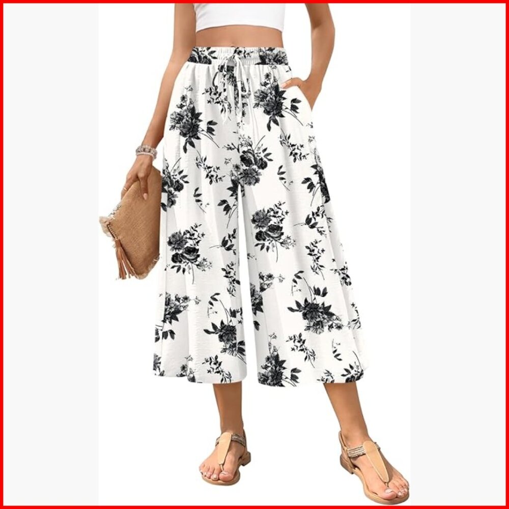 Wide Leg Palazzo Capri Pants with Drawstring and Pockets